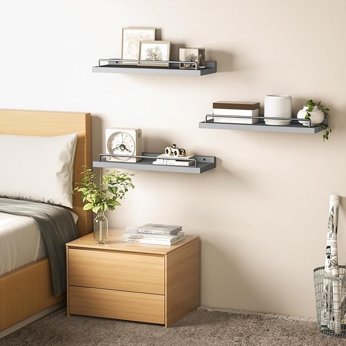 Floating Shelves for Wall Decor, Grey Shelves for Bathroom, Living Room, Bedroom, Picture Frames, Plants, Kitchen (Set of 3)