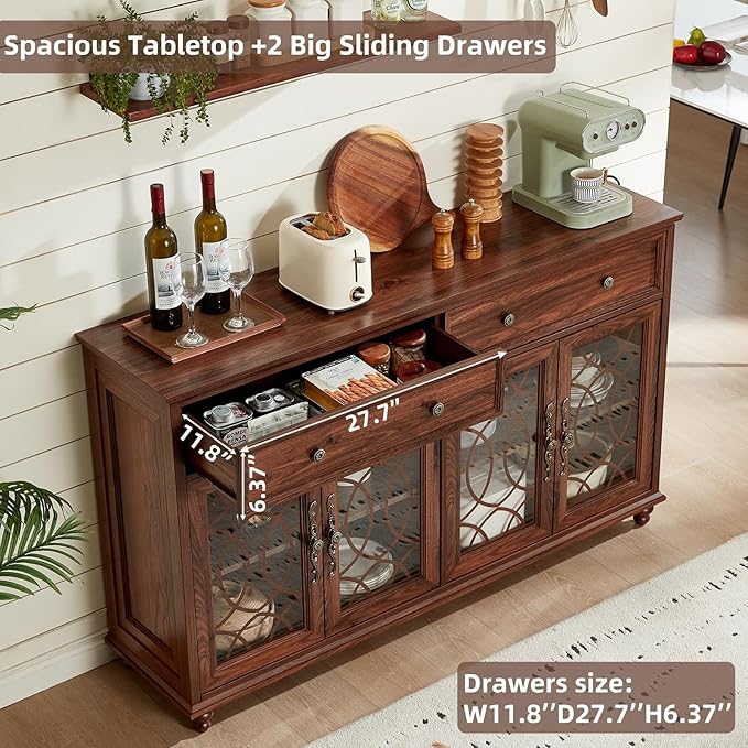 Farmhouse Sideboard Buffet Cabinet with Storage,59" Large Credenza with 4 Glass Doors & 2 Drawers,Adjustable Shelves Console Table,Wood Kitchen Coffee Bar for Dining Room,Living Room,Brown