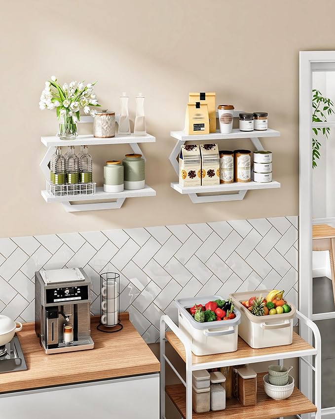 CHOEZON Hexagon Floating Shelves for Wall, Set of 2, 2 -Tier Hanging Shelves, Wall Mounted Storage Shelves, for Living Room, Bedroom, Kitchen, Home Office, Study, White TBJ06P2WB