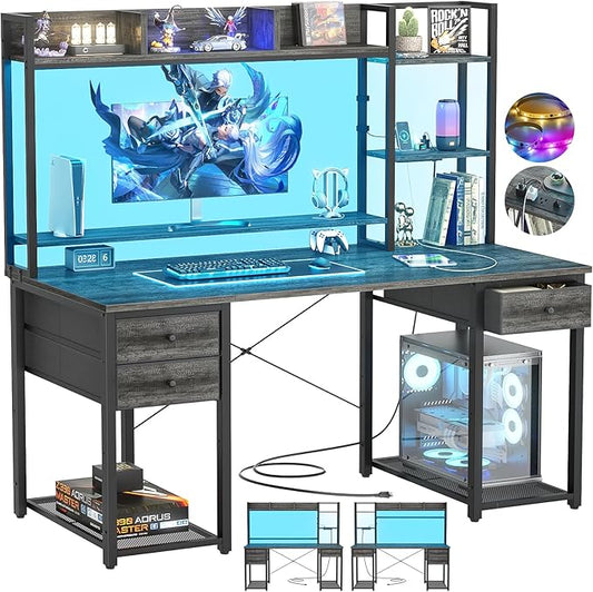 Aheaplus Desk with LED and Outlets, Gaming Desk with Hutch, 47.2'' Computer Desk with Drawers, Reversible office desk with storage bookshelf Large Workstation Desk with Shelf, Desk for Home, Black Oak