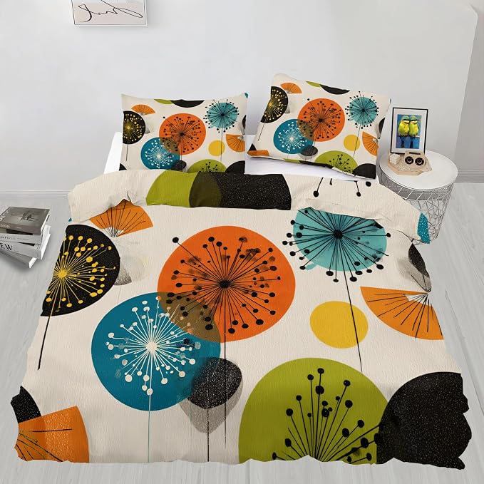 Mid Century Modern Duvet Cover Full Size, Retro Vintage Atomic Bedding Set 3 Piece, Abstract Art Dandelion Patterned Comforter Cover with Zipper Soft Microfiber, 2 Pillowcases