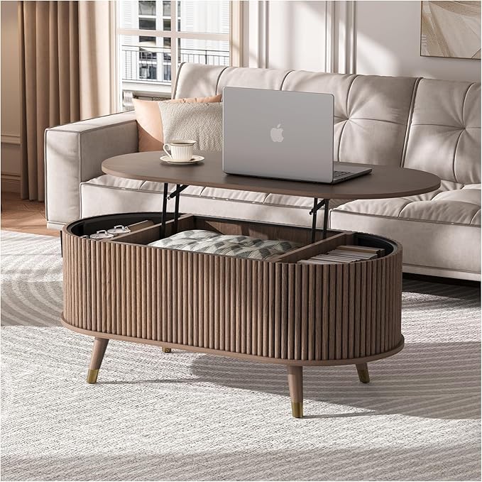 42.5" Oval Lift Top Coffee Table with Storage, Mid Century Modern Walnut Center Table with Fluted Design, Solid Wood Legs & Hidden Compartment, Pop Up Cocktail Table for Living Room