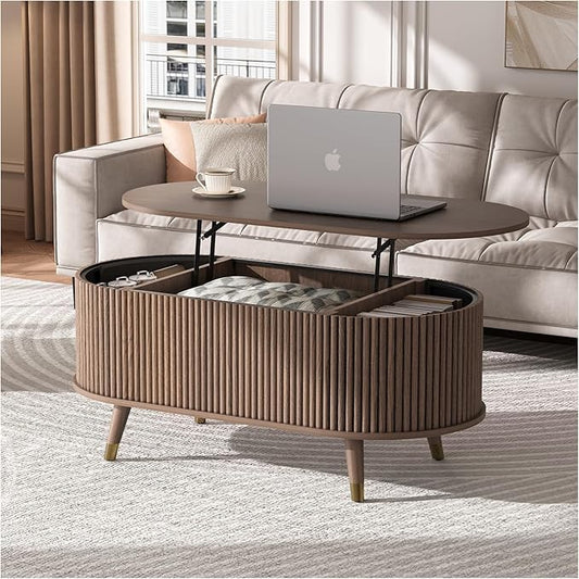 42.5" Oval Lift Top Coffee Table with Storage, Mid Century Modern Walnut Center Table with Fluted Design, Solid Wood Legs & Hidden Compartment, Pop Up Cocktail Table for Living Room