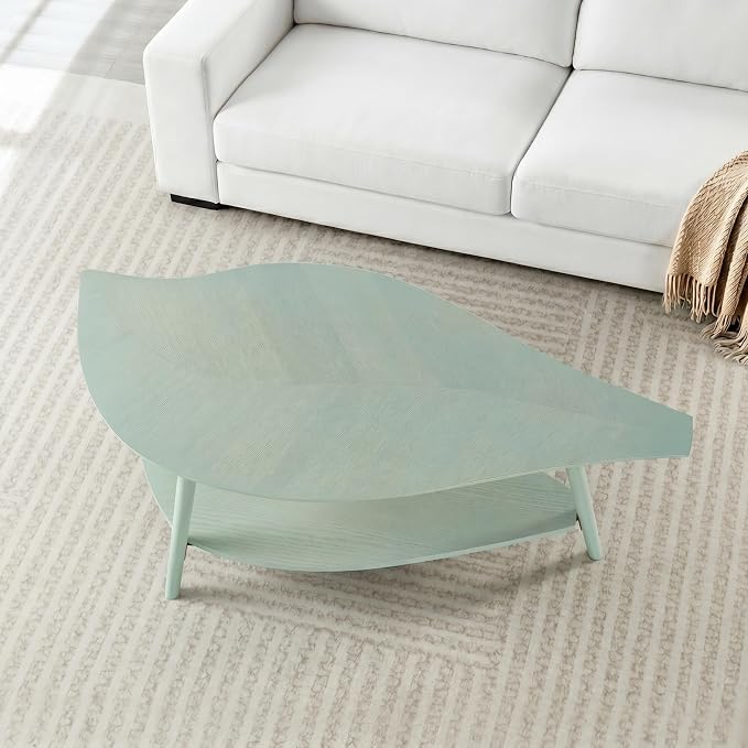 Small Coffee Table with Storage,Unique Leaf Handcrafted Marquetry,Mid Century Modern Oval Wooden Coffee Table,Natural Oak Veneer,Solid Wood Legs,for Living Room,Apartment(Sage Green)