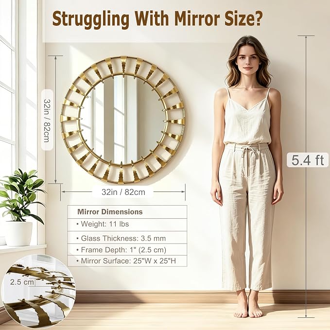 Vintage Gold Round Decorative Wall Mirror 32" | Large Metal Frame, Mid Century Modern, Sunburst Design, For Bathroom, Bedroom, Living Room, Entryway