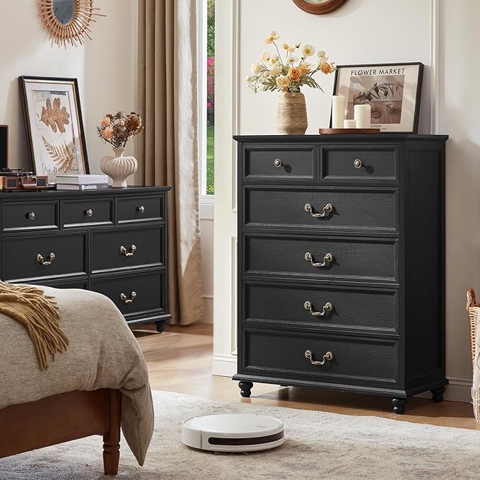 Farmhouse 6 Drawer Dresser Set of 2 for Bedroom, 42" Tall Rustic Chests of Drawers w/ 4 Solid Wood Feet, Mid Century Vintage Wooden Closet Storage Dressers Organizer for Living Room,Black
