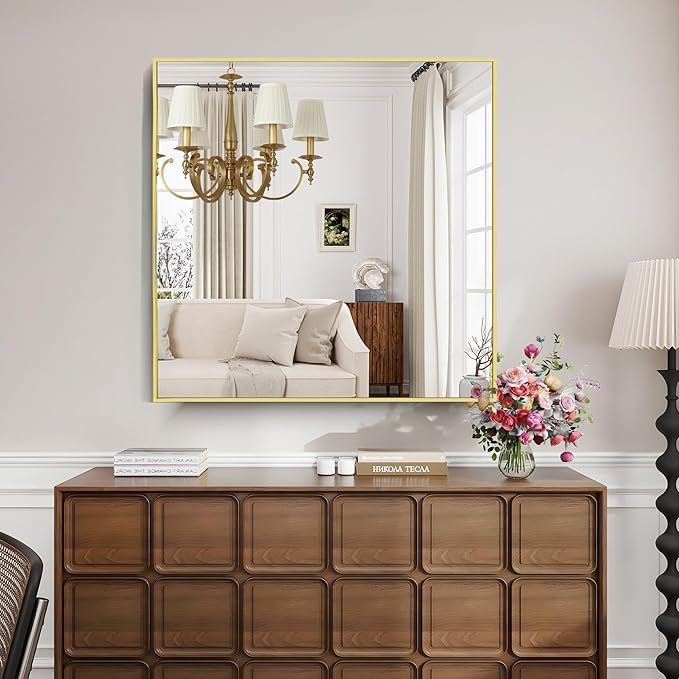KOCUUY Gold Bathroom Mirror, 42"x42" Square Bathroom Mirror for Wall, HD Tempered Glass, Anti-Rust Frame, Modern Design for Bathroom, Bedroom, Living Room, Entryway