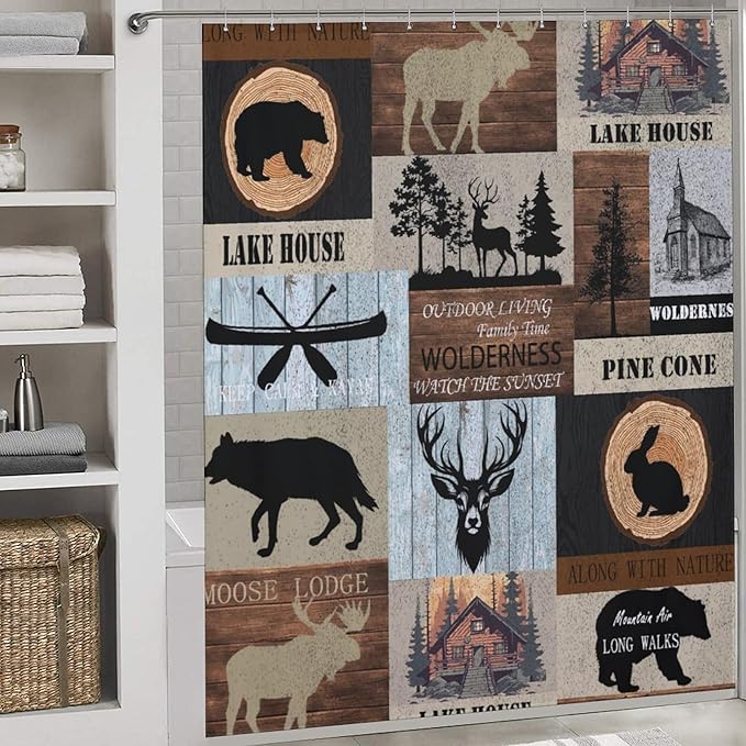 Rustic Cabin Shower Curtain Bear Deer Forest Wildlife Country Lodge Hunting Camping Animal Farmhouse Vintage Waterproof Shower Curtains for Bathroom Decor 12 Pack Hooks 72x72in (183x183cm