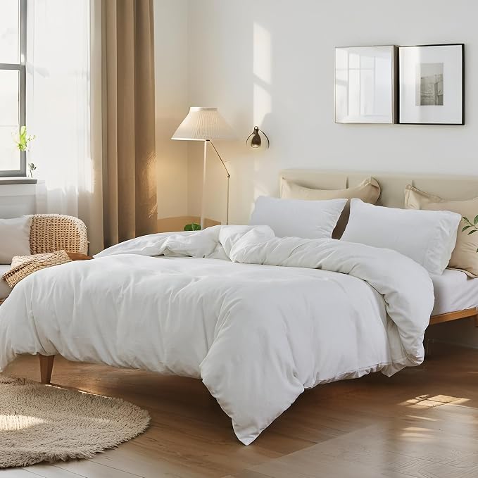 FALUCA French Linen Blend Duvet Cover Set 3Pcs Queen (88"x92") - Soft, Breathable, Cooling Farmhouse Bedding for Summer Hot Sleeper (Queen, White)