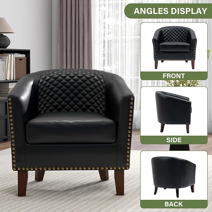 UIXE Faux Leather Barrel Accent Chairs Set of 2, Modern Club Upholstered Arm Chair, Comfy Armchair Nailed Trim Living Room Single Sofa Reading Seat Bedroom Side Sitting for Office, Black
