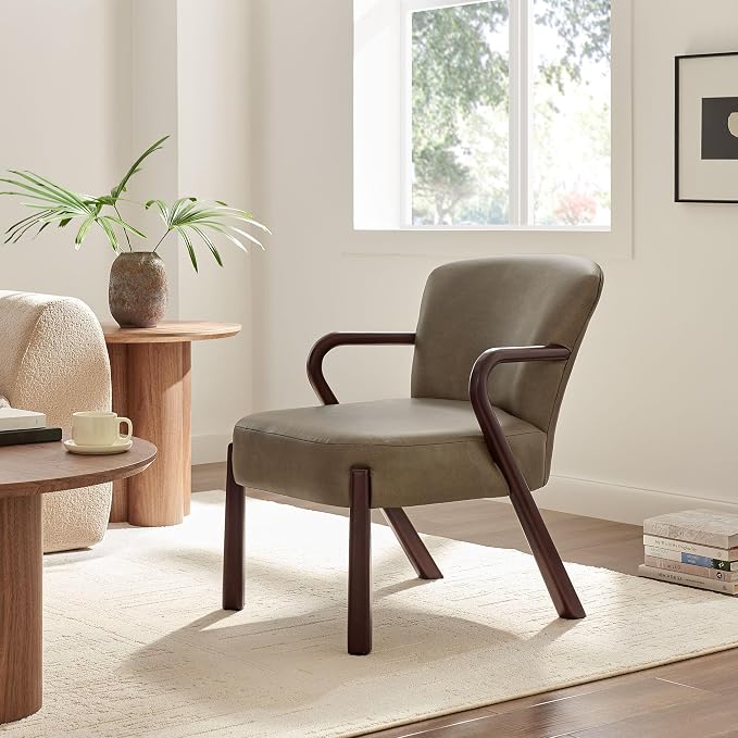 Modway Arden Faux Leather Upholstered Accent Armchair in Mushroom – Mid-Century Modern Lounge Chair with Curved Wood Frame