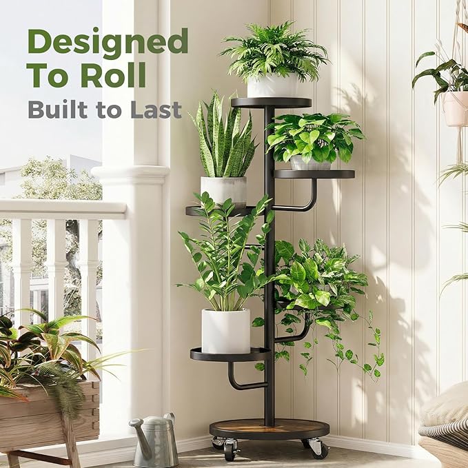 Bamworld Tall Plant Stand Indoor Outdoor Metal Plant Stands with Wheels 5 Tiered Corner Plant Holder Heavy Duty Flower Stand for Multiple Pots Planter Stand for Patio Balcony Living Room (Black)
