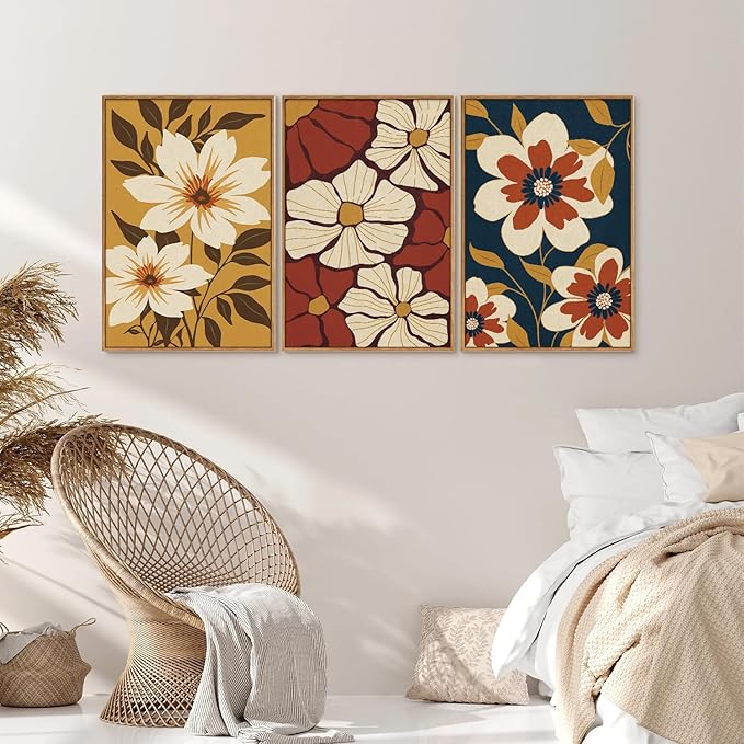 Rantodecor Large Vintage Floral Framed Canvas Wall Art Set, Mid Century Modern Wall Decor, Minimalist Retro Flowers Art Paintings, Beige Neutral Botanical for Bedroom Living Room Office 16"x24"x3