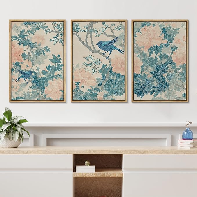 wall26 Framed Print Wall Art Set Elegant Blue Bird and Peony Floral Pattern Decorative Minimal Relax/Zen for Living Room, Bedroom, Office - 16"x24"x3 NATURAL