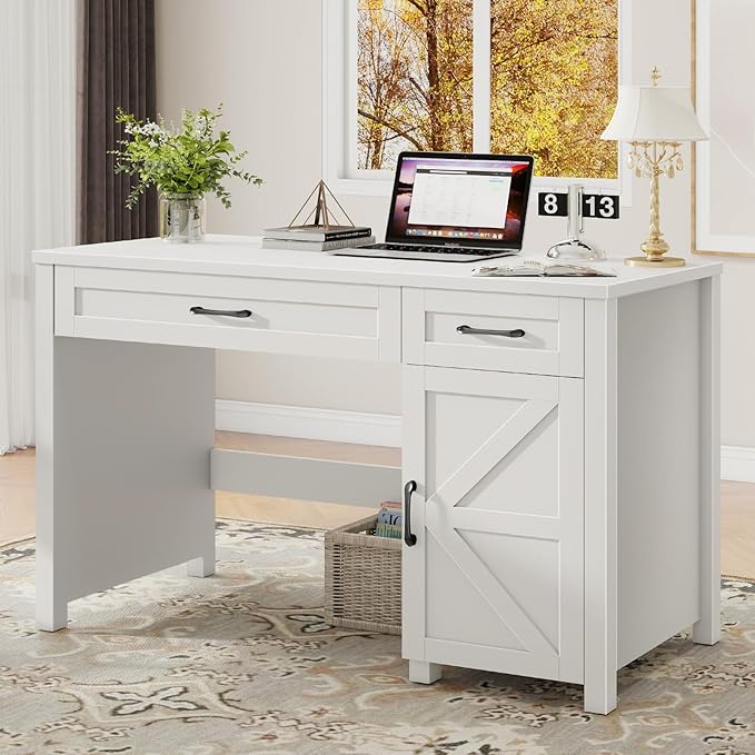 Vabches Farmhouse 47" Executive Desk, Computer Desk with Drawers and Storage Cabinet, Workstation for Home Office and Study.(Cream White)