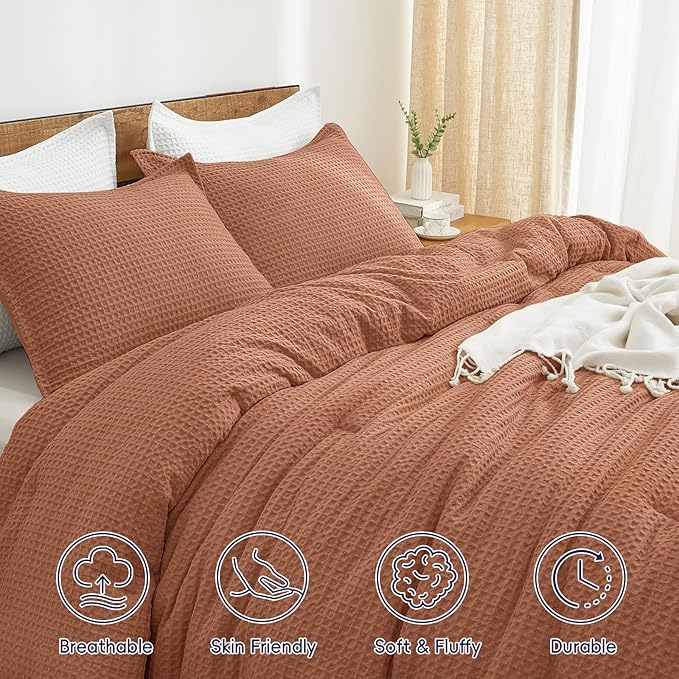 PHF Ultra Soft Waffle Weave Comforter Set Queen Size, 3 Pieces Lightweight Breathable Comfy Bedding Set, Comfy Textured 1 Comforter with 2 Pillow Shams, Terra Cotta