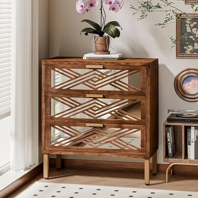 COZAYH 3-Drawer Accent Dresser, Geometric Mirror Front Drawer Organizer Chest with Metal Handles & Legs - Modern Living Room, Entryway, or Bedroom Furniture