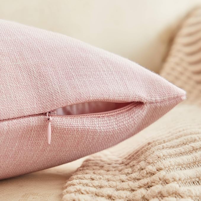 ZeeMart Rustic Cotton Linen Throw Pillow Covers Set of 2, 24x24 Inch Pink, Farmhouse Style Decorative Couch Pillow Cases Cushion Covers for Sofa Bed Living Room Home Decor
