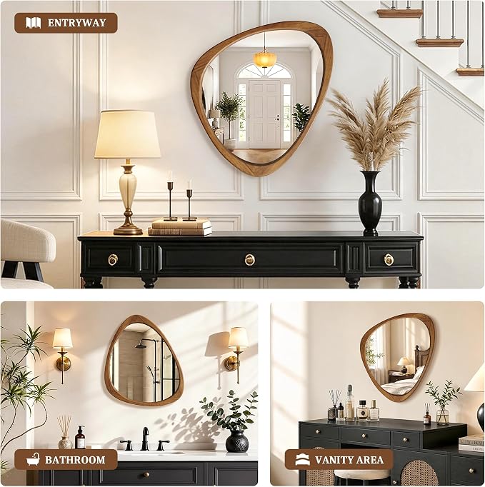 Asymmetrical Mirror, 24"x19" Unique Irregular Wall Mirror, Wood Mid Century Modern Mirror Decor for Bathroom Bedroom Living Room Entryway Hallway (Natural Wood)