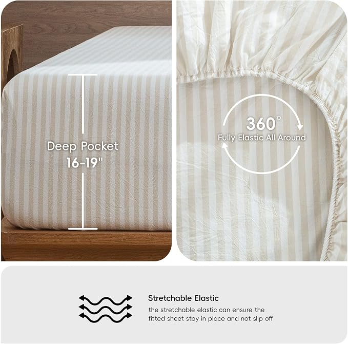 MooMee Striped Sheet Set 100% Washed Cotton Linen Like Textured Breathable Durable Soft Comfy (Almond Milk Grey Classic Stripes, King)