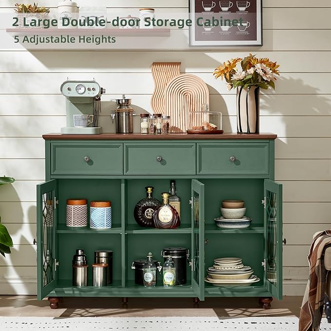Farmhouse Sideboard Buffet Cabinet Set of 2 with Storage,48" Large Credenza with 3 Glass Doors & 3 Drawers,Adjustable Shelves Console Table,Wood Kitchen Coffee Bar for Dining Room,Green