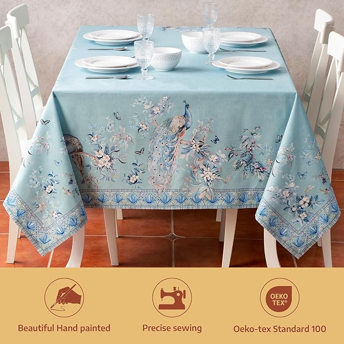 Maison d' Hermine Premium Table Cloth Square Table 100% Combed Cotton 70 x 70 Inches Tablecloth Reusable Decorative for Dining Room, Home, Party, Festive & Wedding - Peacock Utopia - Pastel Turquoise
