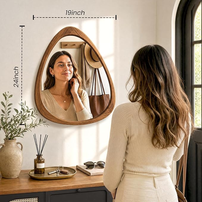 Asymmetrical Mirror, 24"x19" Unique Irregular Wall Mirror, Wood Mid Century Modern Mirror Decor for Bathroom Bedroom Living Room Entryway Hallway (Natural Wood)
