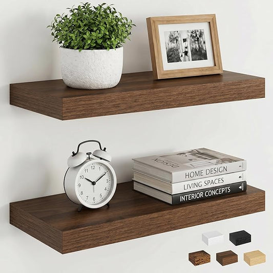 Dreamland Walnut Floating Shelves, Wall Mounted Shelves for Storage and Home Decor, Rustic Wood Shelves for Bathroom, Living Room, Bedroom and Kitchen, 16" x 6.7" Set of 2