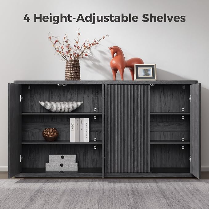 SICOTAS Buffet Cabinet with Storage Accent Sideboard with 4 Doors 66.3" Wide Fluted Credenza Modern Buffet Table Media Console Cabinet Entryway Cabinets for Living Room Kitchen Dining Room Hallway