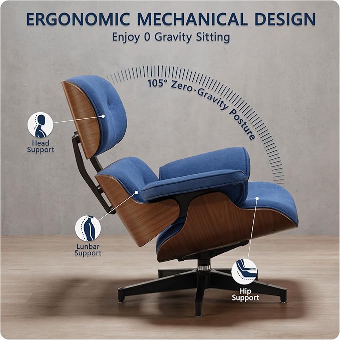 Chaise Lounge Chair with Ottoman, Top Black Grain Leather Recliner Chair, Modern Classic Office Chair with Ergonomic Lumbar Support, Heavy Duty Base Support for Bedroom Living Room Office (Blue)