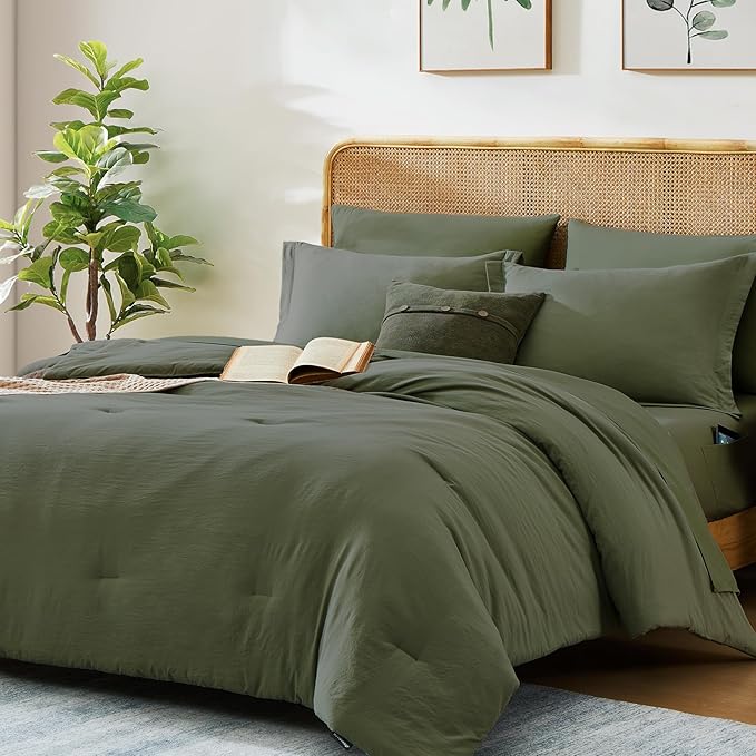WRENSONGE Full Size Comforter Sets-7 Pieces Olive Green Bed in a Bag with Fitted Sheet, Flat Sheet, 2 Pillow Shams, 2 Pillowcases, Warm Bedding Sets for All Season