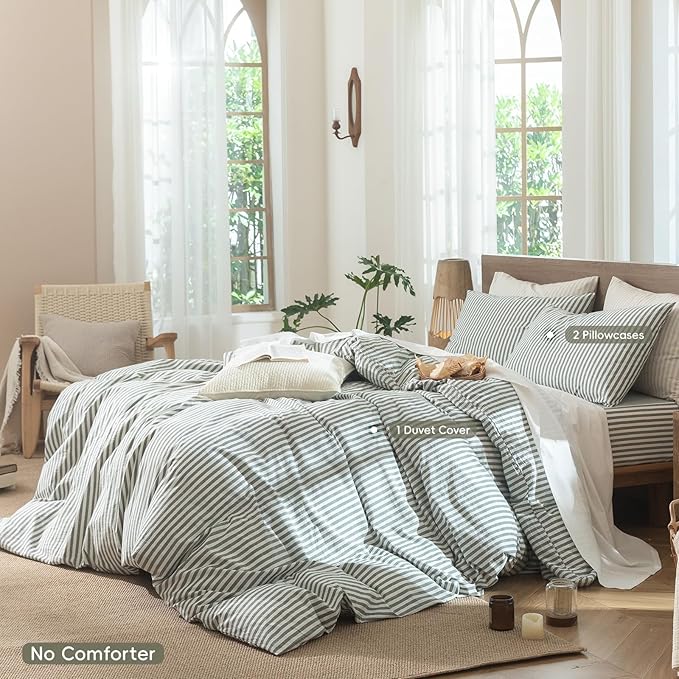 MooMee Striped Duvet Cover Set 100% Washed Cotton Linen Like Textured Breathable Durable Soft Comfy (Heathered Green Classic Stripes, Oversized King Plus 128"x120")