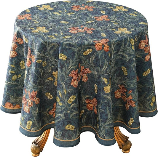 patdrea Designer Vintage Dark Blue Linen Round Tablecloth,French Rustic Floral Pattern Tablecloths,Decorative Table Cover Cloth for Kitchen,Dining,Tea Party,Home,Christmas,Diameter 67"