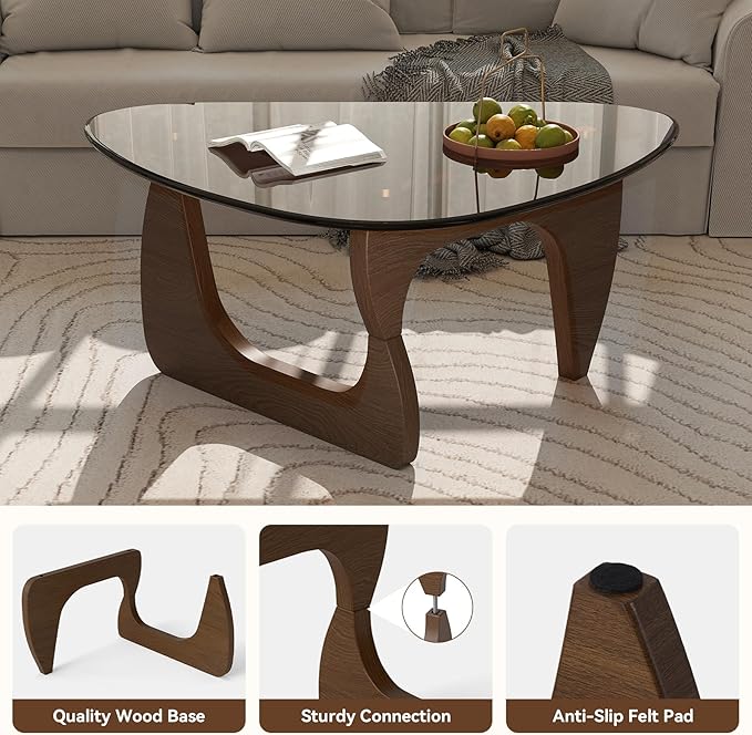 Modern Glass Coffee Table, Triangle Center Table with Tempered Glass Top& Unique Wooden Base, 35.5” Mid Century Tea Tables for Living Room, Apartment, Office,Walnut & Brown