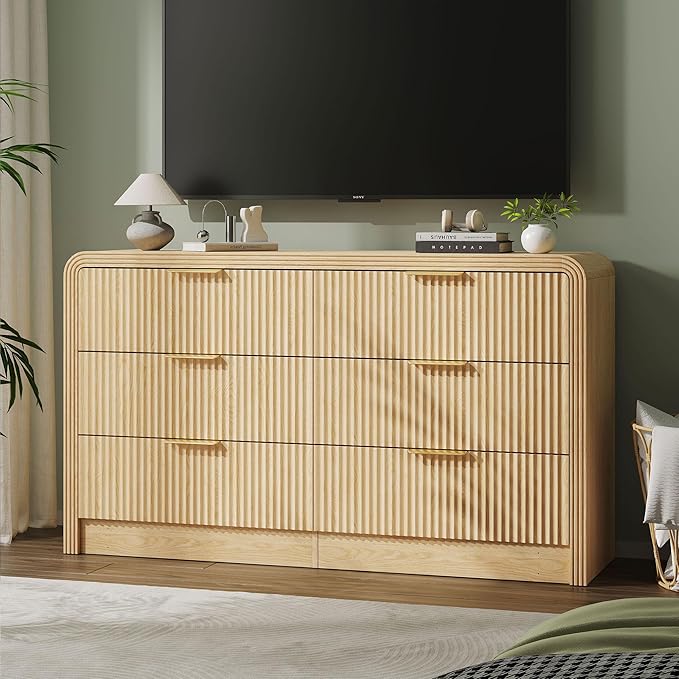 Fluted 6 Drawers Dresser for Bedroom,55'' Wide Wood Dressers with Gold Handles, Modern Dressers with Wave Texture, Large Storage Chest of Drawers, Bedroom Dresser Organizer (Natural Oak)