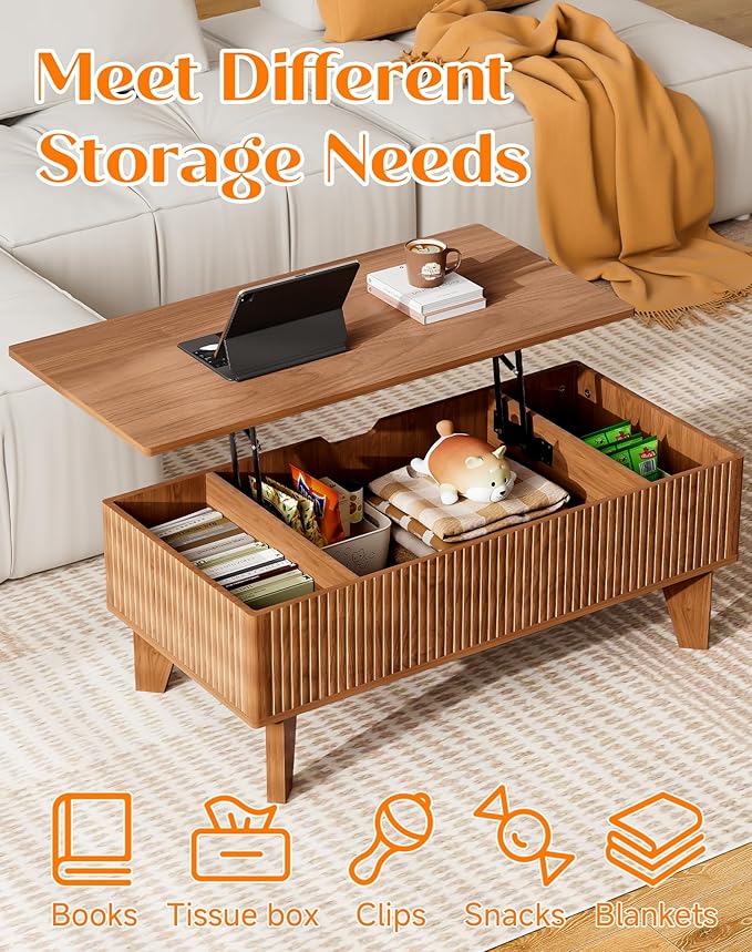 Rectangular Lift Top Coffee Table with Storage, 41.5" Mid Century Modern Center Table for Living Room, Wood Fluted Coffee Table for Home Office, Walnut