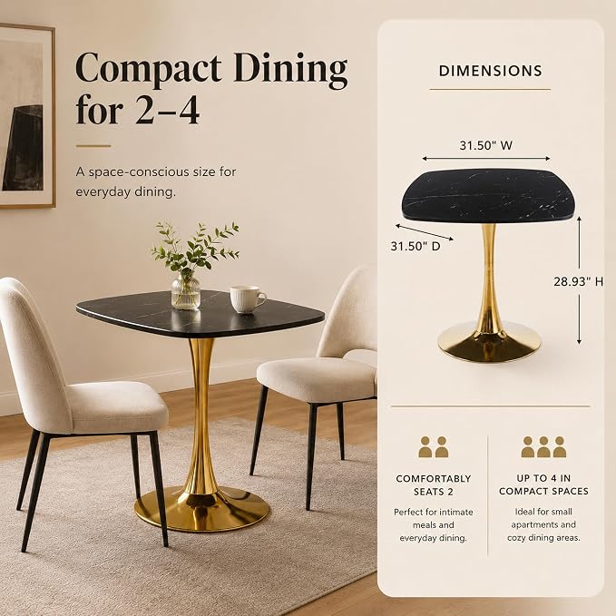 31.5" Square Dining Table for 2-4 People, Mid-Century Modern Kitchen Table with Black Marble-Look MDF Top and Gold Tulip Pedestal Base for Small Spaces, Apartment, Breakfast Nook