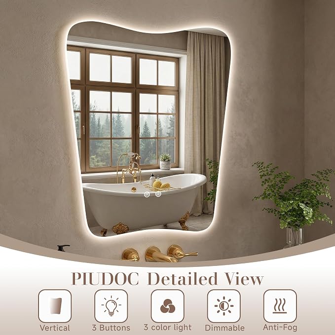 22“x30” Irregular Backlit Bathroom Mirror with Lights, Abstract Vanity Mirror with Lights, Anti-Fog Wall Mirror,Dimmable