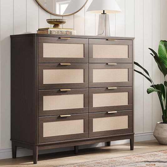 LINSY HOME Rattan Dresser with 8 Deep Drawers, 54" Wide Long Chest of Drawers, Mid Century Modern Tall Dresser, Large Wood Boho Storage Cabinet for Bedroom with Metal Handle and Durable Legs, Walnut