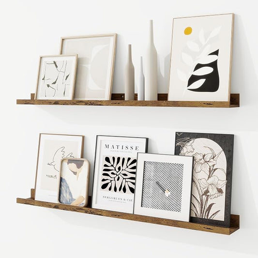 RICHFOCUS Picture Ledge Shelf, 36 inch Floating Shelves Set of 2, Wood Wall Shelves with Lip, Wall Decor Storage for Bedroom Living Room Bathroom Kitchen Nursery Photo Picture, Rustic Brown