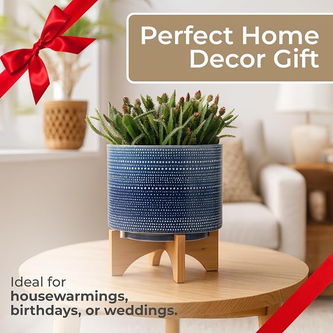 Dotted Decorative Planter Pot with Wood Stand – Ceramic Stoneware Outdoor & Indoor Plant Pot with Drainage Holes – Modern Garden & Home Decor Planters – 10", Blue