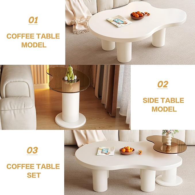Nesting Coffee Table Set of 2, Irregular Shape Center & Small Tempered Glass Top Accent Side Table, Modern Home Decor Table Set for Living Room, Bedroom, Office