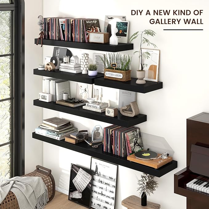 Floating Shelves for Wall, 48" W x 12" D x 2" H, 2 Pack of Long Wall Mounted Engineered Wood Shelves with Invisible Brackets for Living Room, Bedroom, Bathroom, Kitchen Decor, Black