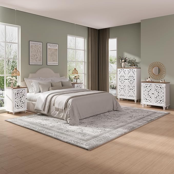 Small Accent Cabinet with Carved Mandala Door, White Storage Cabinet with Solid Wood Legs & Adjustable Shelf, Boho Distressed End Table for Living Room, Bedroom, Entryway Side Table