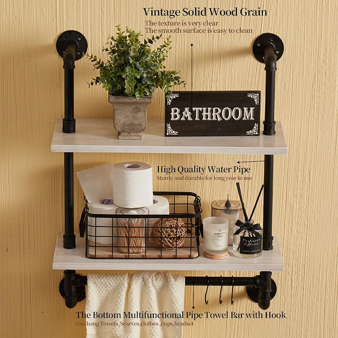 ROGMARS White Floating Shelves for Wall Bathroom 24 Inch,Industrial Pipe Shelving Wall Mounted Shelves with Towel Bar Hooks Coffee Bar Shelves Wine Hanging Display Rack Bookshelf Living Room Decor