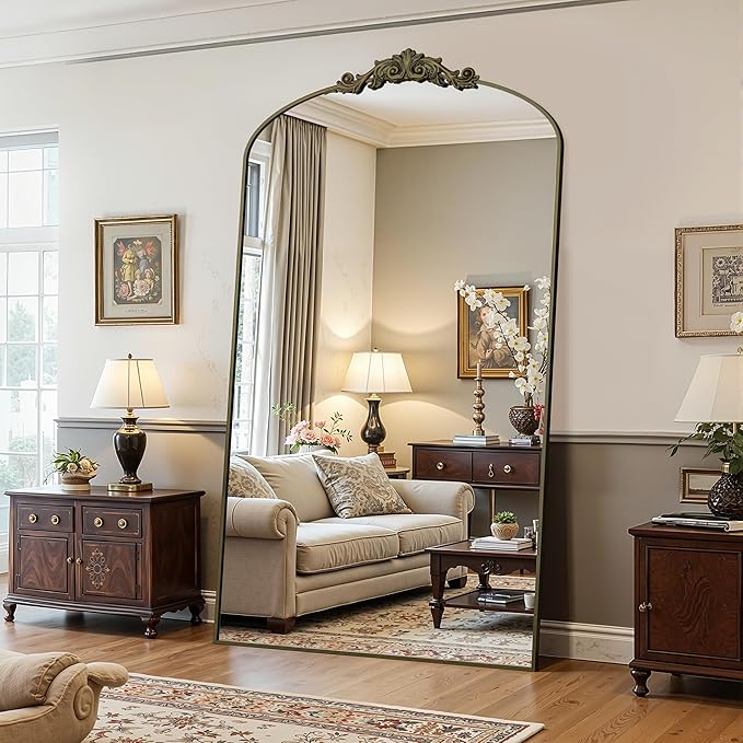 Antok Arched Full Length Mirror, 72"x44" Floor Mirror with Carved, Full Body Mirrors for HomeDecor, Standing/Halling Large Wall Mirror for Bedroom, Living Room, Cloakroom, Bronze, Retro Style