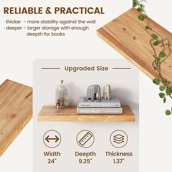 Reclaimed Elm Wood Floating Shelves for Wall, Flat Edge 24"W x 9.2"D x 1.4"H, Set of 2 with Invisible Bracket, Wall Mounted Shelves for Living Room Bedroom Kitchen Bathroom Decor, Natural Finish
