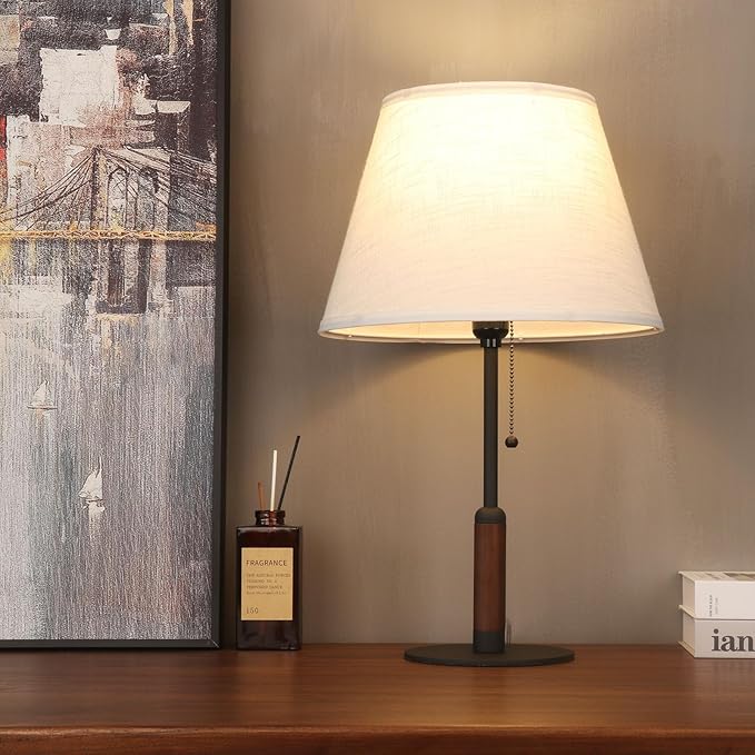 21" Modern Bedside Lamp Mid Century Table Lamp, Pull Chain Nightstand Lamp for Bedroom Living Room 3-Color Light, Solid Wood/Metal/Fabric for Home/Office/Desk Decor (Off White+Sand Black)