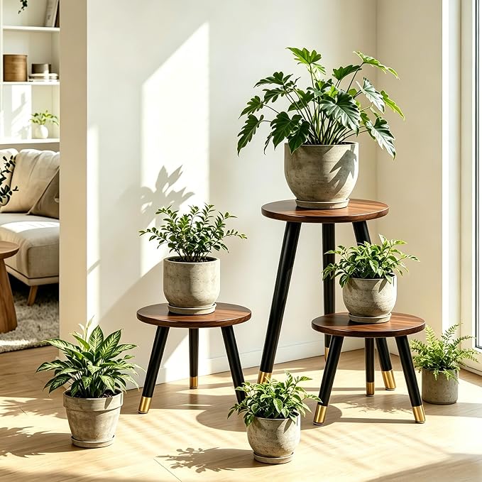 2-Pack Mid Century Plant Stand for Indoor Plants, Modern Metal Flower Pot Holder Stand for Living Room, Decorative Small Round Side Table for Balcony, Patio, Office, 8.9” High, Black