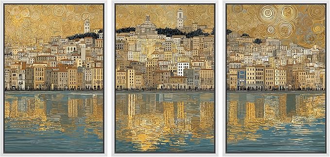 wall26 Framed Print Wall Art Set Golden Cityscape Reflection Gustav Klimt Inspired Coastal TownDecorative Minimal Relax/Zen for Living Room, Bedroom, Office - 24"x36"x3 WHITE